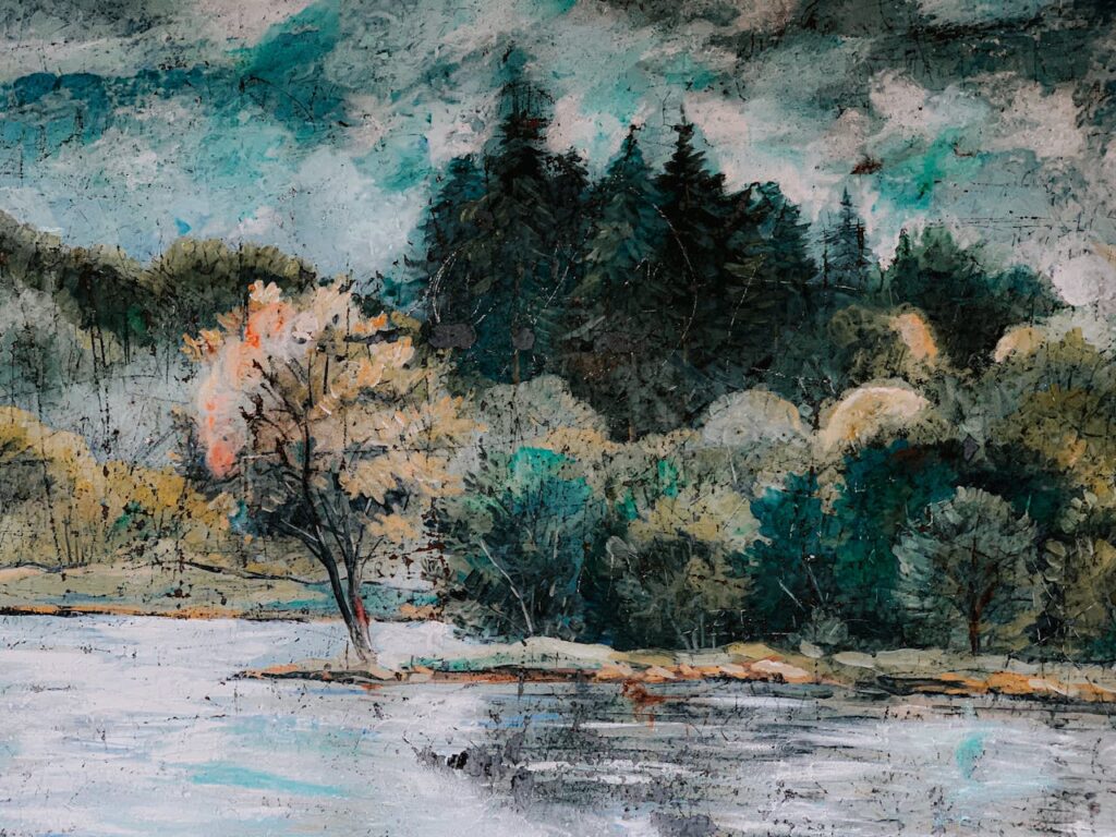 Abstract backdrop of oil painting with lush coniferous trees on mount near river under cloudy sky